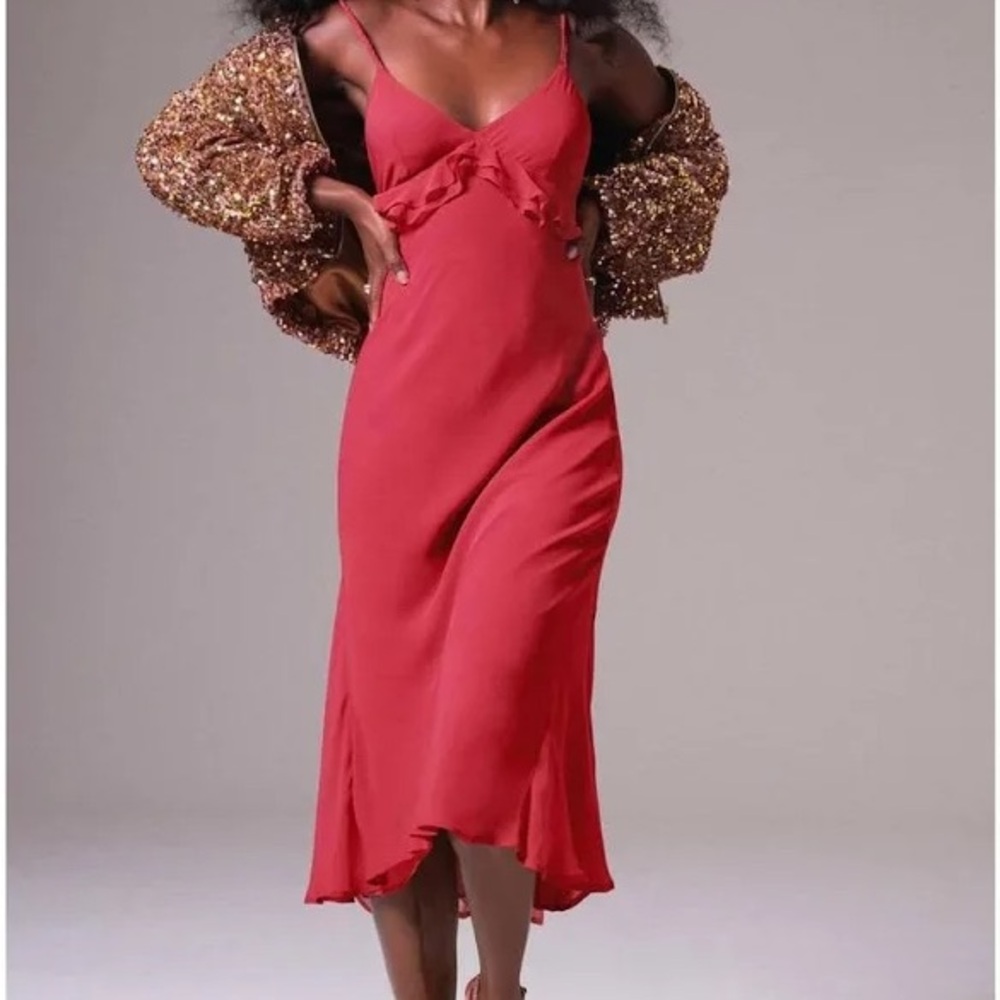 Anthropologie Red Ruffle Slip Midi Dress sz 16